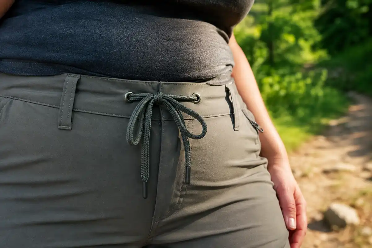 Close-up of an adjustable drawstring waistband on hiking pants for curvy women
