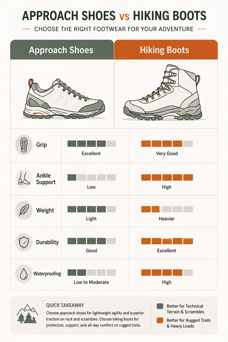 Comparison chart of approach shoes and hiking boots for climbing showing grip, ankle support, weight, and durability