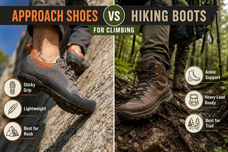 Infographic comparing approach shoes vs hiking boots for climbing, showing grip, weight, and ankle support differences