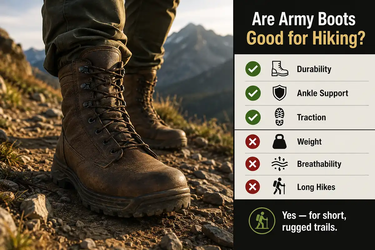 Are army boots good for hiking infographic showing pros and cons on a rocky trail