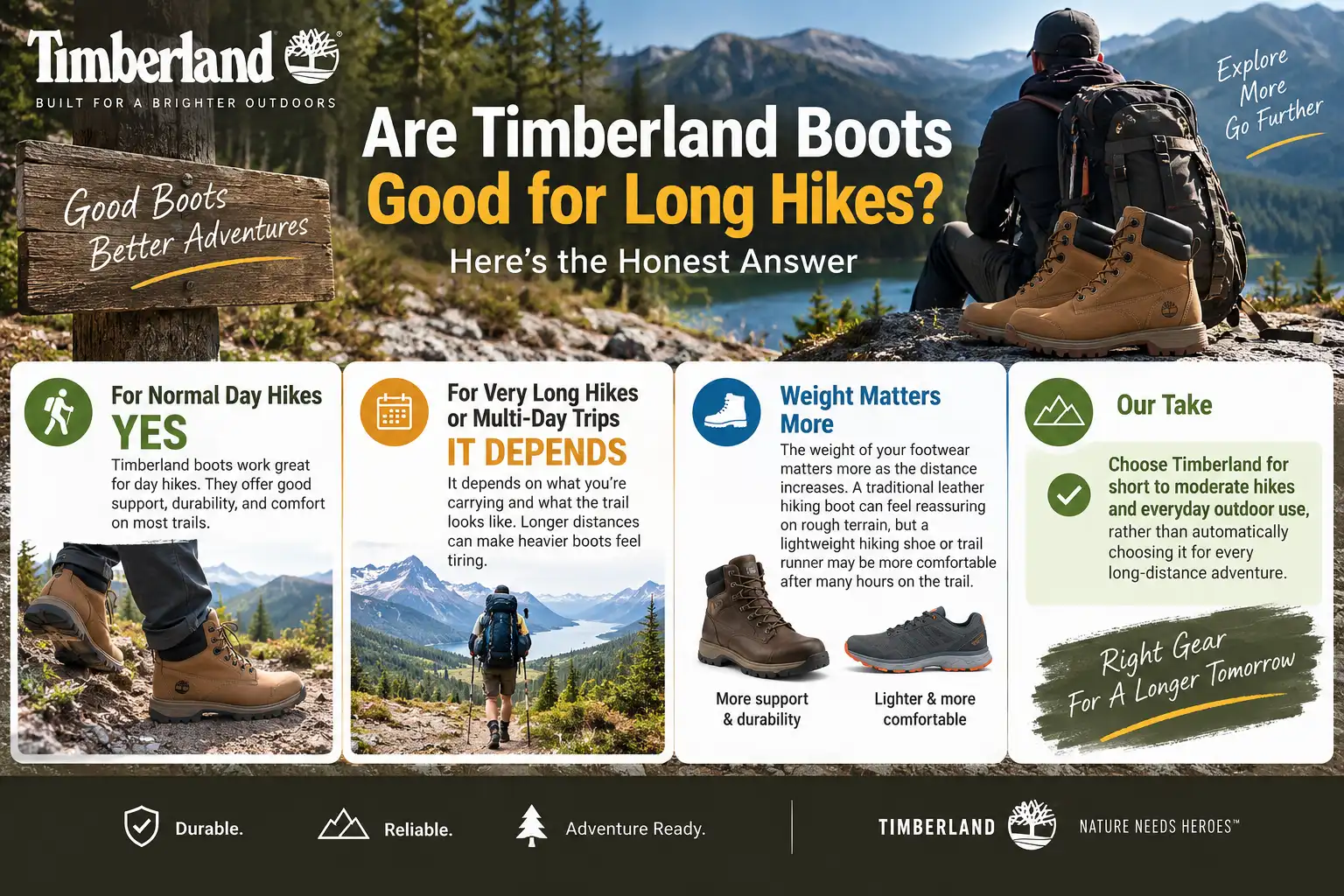 Timberland boots for long hikes comparison infographic showing day hikes, multi-day hikes, footwear weight, and hiking comfort