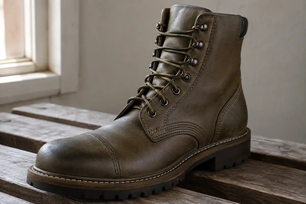 Close-up of army combat boot showing leather construction and reinforced toe