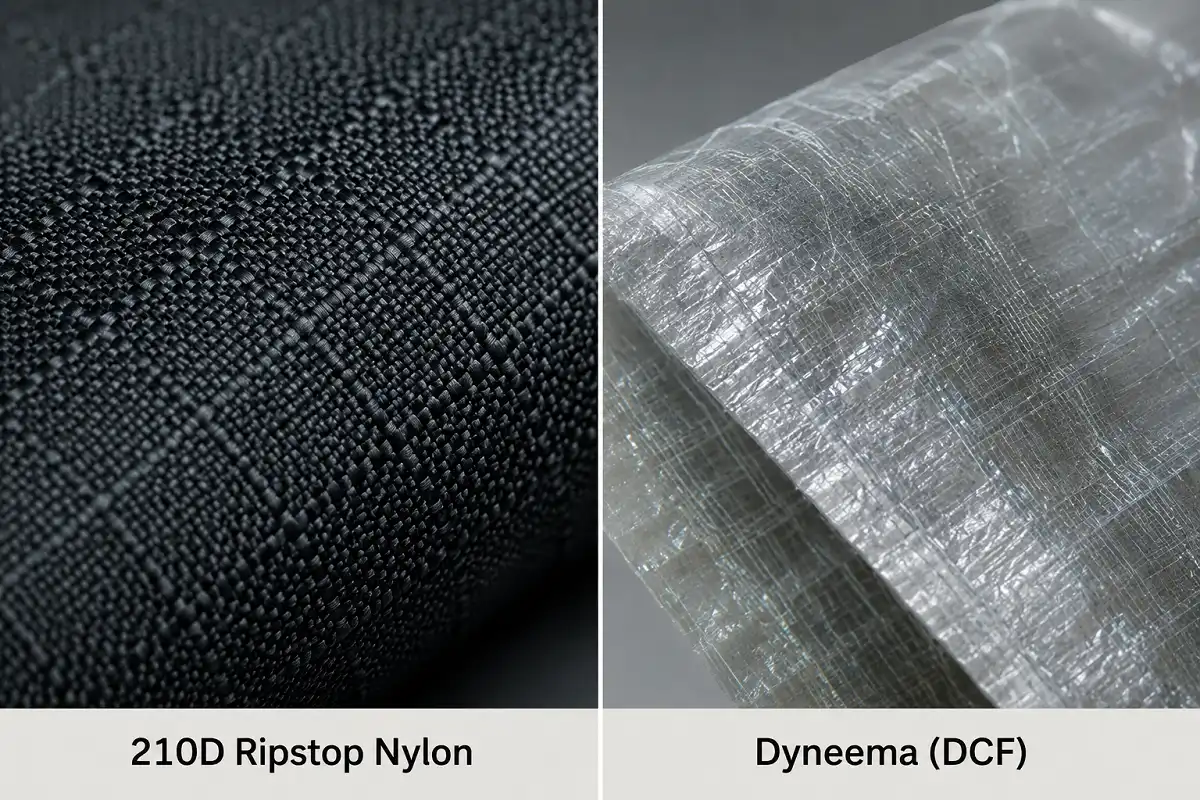 Close-up comparison of ripstop nylon and Dyneema backpack fabric textures with denier labels