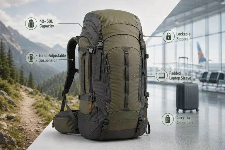 Best backpack for hiking and travel shown with labeled features: capacity, suspension, lockable zippers, and laptop sleeve