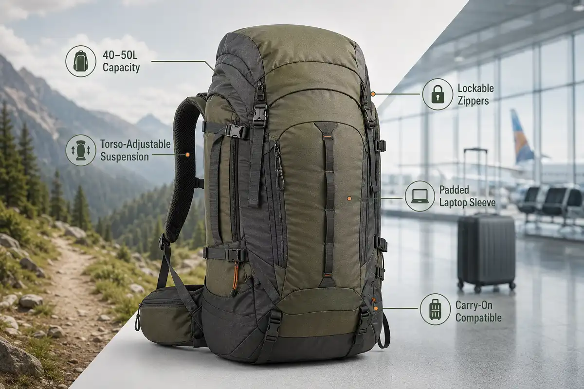 Best backpack for hiking and travel shown with labeled features: capacity, suspension, lockable zippers, and laptop sleeve