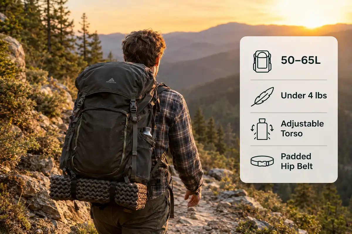 Best backpack for long-distance hiking shown with capacity, weight, and fit infographic