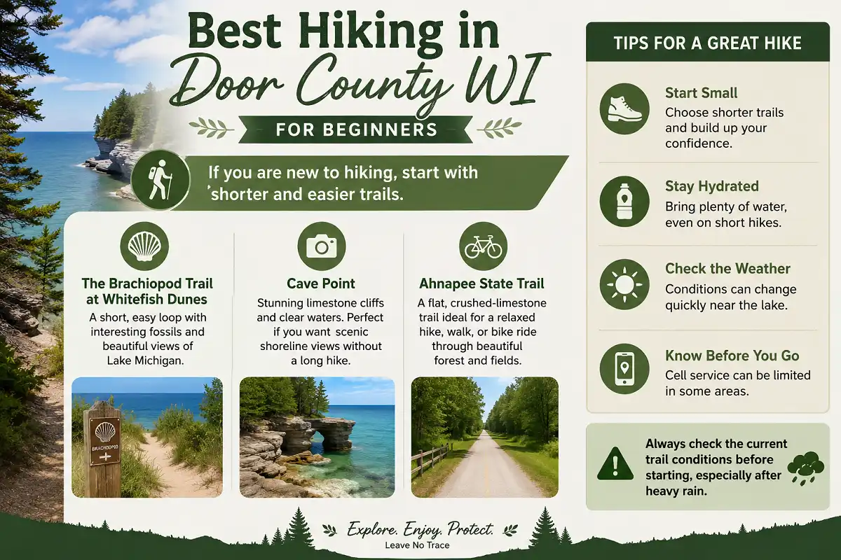 Infographic showing beginner-friendly hiking options in Door County Wisconsin