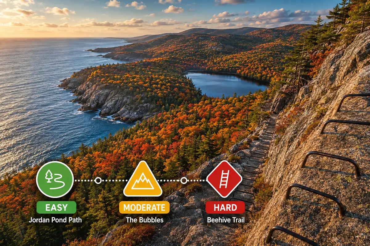 Infographic showing the best hiking in Acadia National Park, with easy, moderate, and hard trail difficulty levels overlaid on a photo of a coastal cliff trail and fall foliage