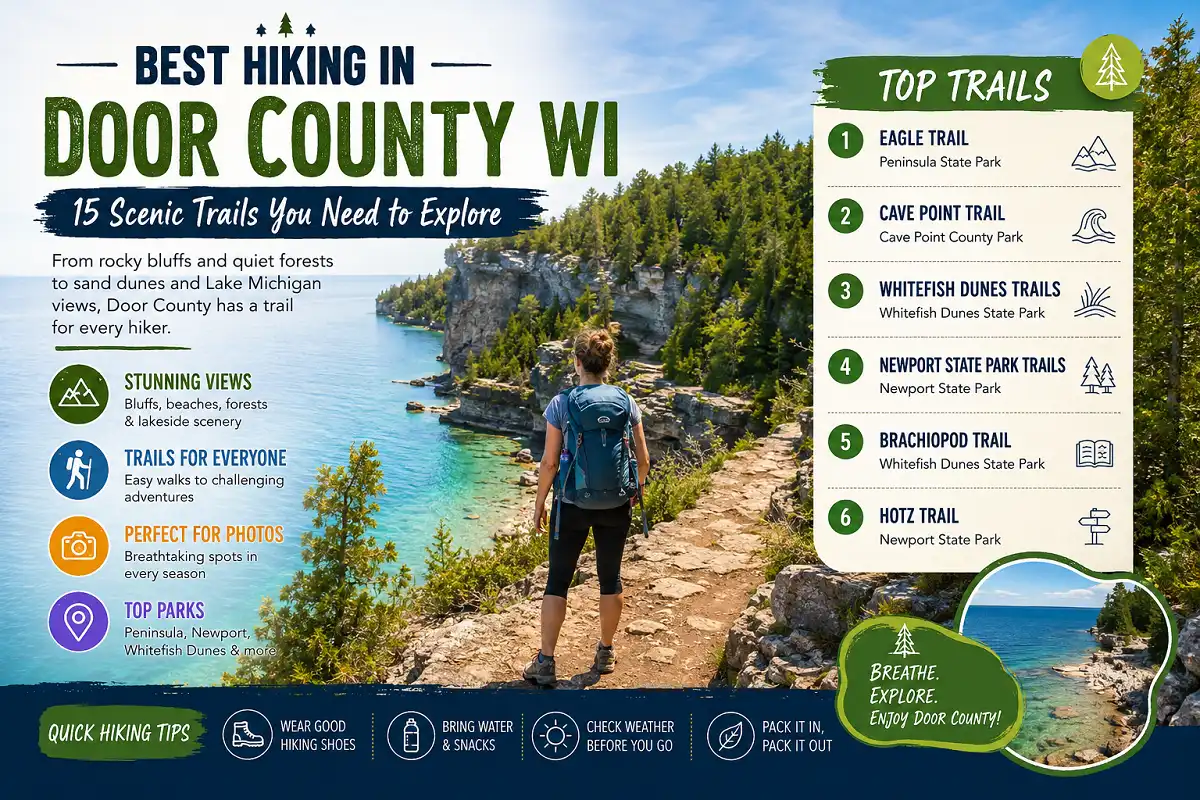 Best hiking in Door County WI featuring scenic trails, Eagle Trail, Cave Point, Whitefish Dunes, and Newport State Park