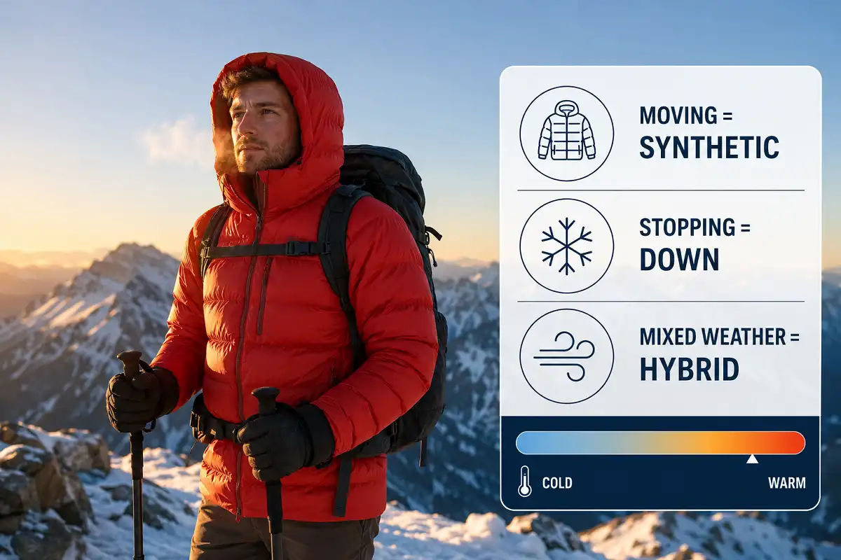 Hiker in a down jacket on a snowy ridge with infographic showing how to choose the best hiking jackets for cold weather