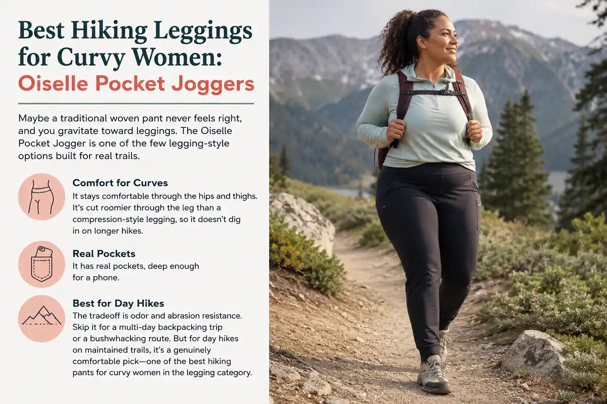 Curvy woman hiking a mountain trail in Oiselle Pocket Joggers with deep phone-ready pockets