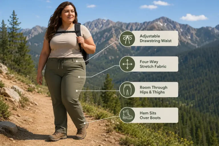 Infographic showing the best hiking pants for curvy women with key fit features labeled