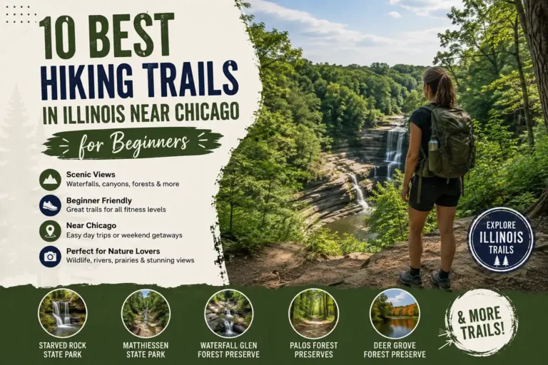 10 best hiking trails in Illinois near Chicago for beginners with waterfalls, canyons, forests, and scenic views