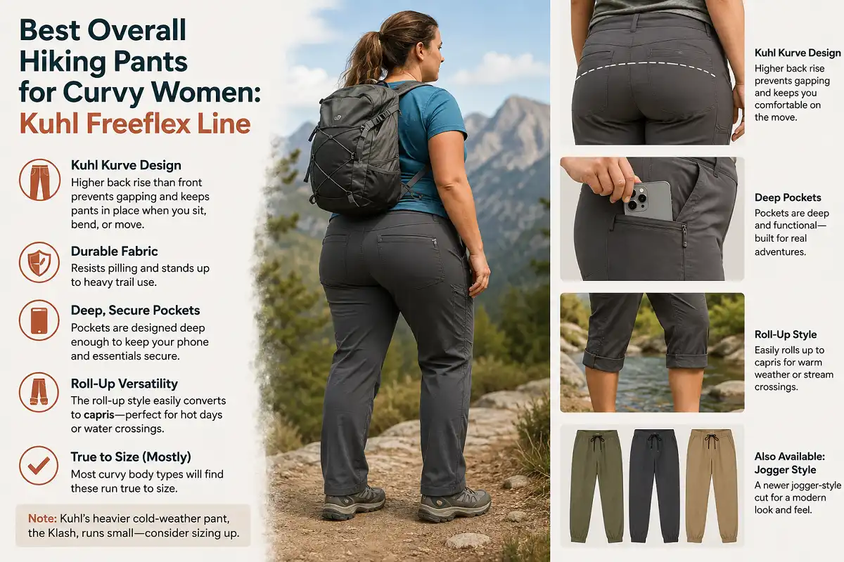 Infographic featuring Kuhl Freeflex hiking pants for curvy women with Kurve Design, deep pockets, durable fabric, roll-up versatility, and jogger-style options