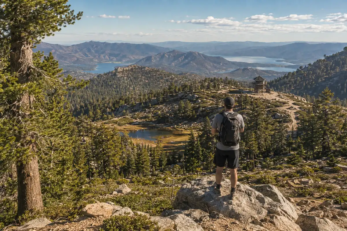 Hiker enjoying high elevation mountain views near Big Bear Lake with pine forests and distant lakes