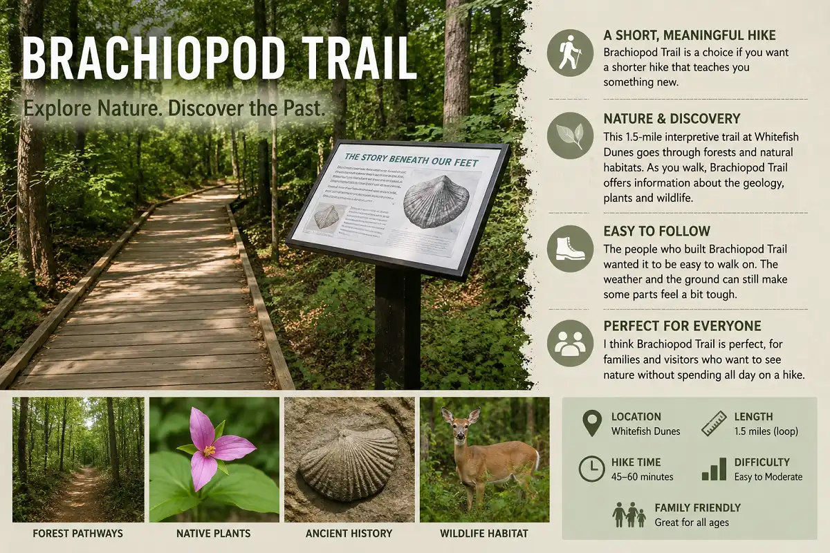 Brachiopod Trail at Whitefish Dunes with forest, geology sign and native plants