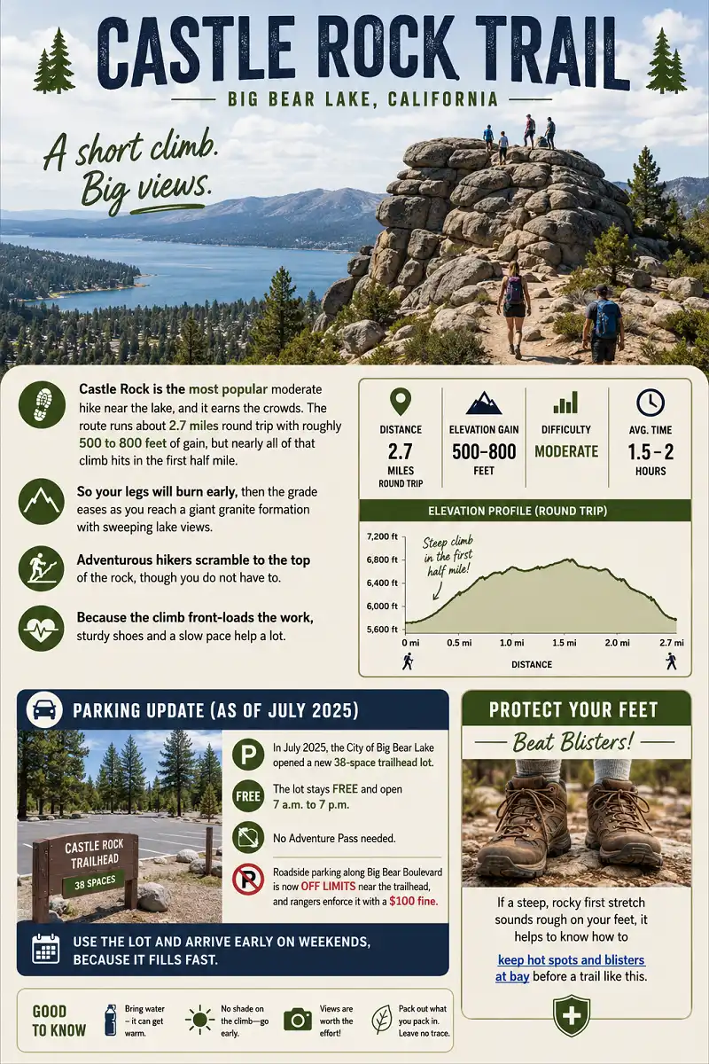 Castle Rock Trail in Big Bear Lake infographic showing trail distance, elevation gain, steep initial climb, granite rock views, and updated trailhead parking information