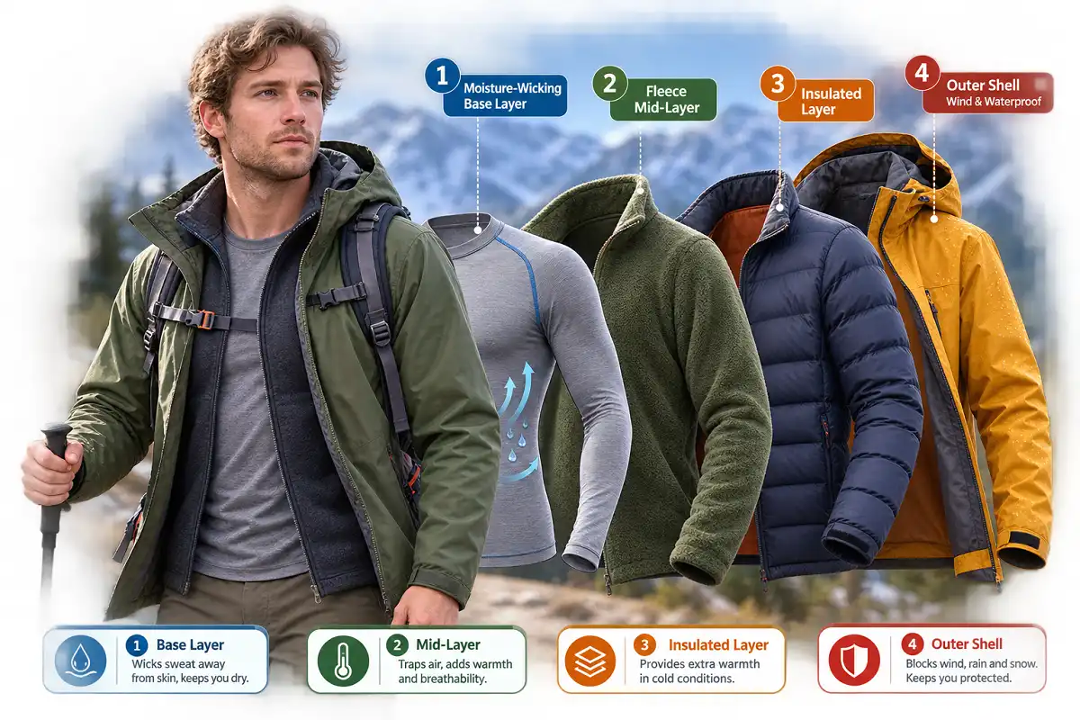 Diagram showing the four layer system for cold weather hiking