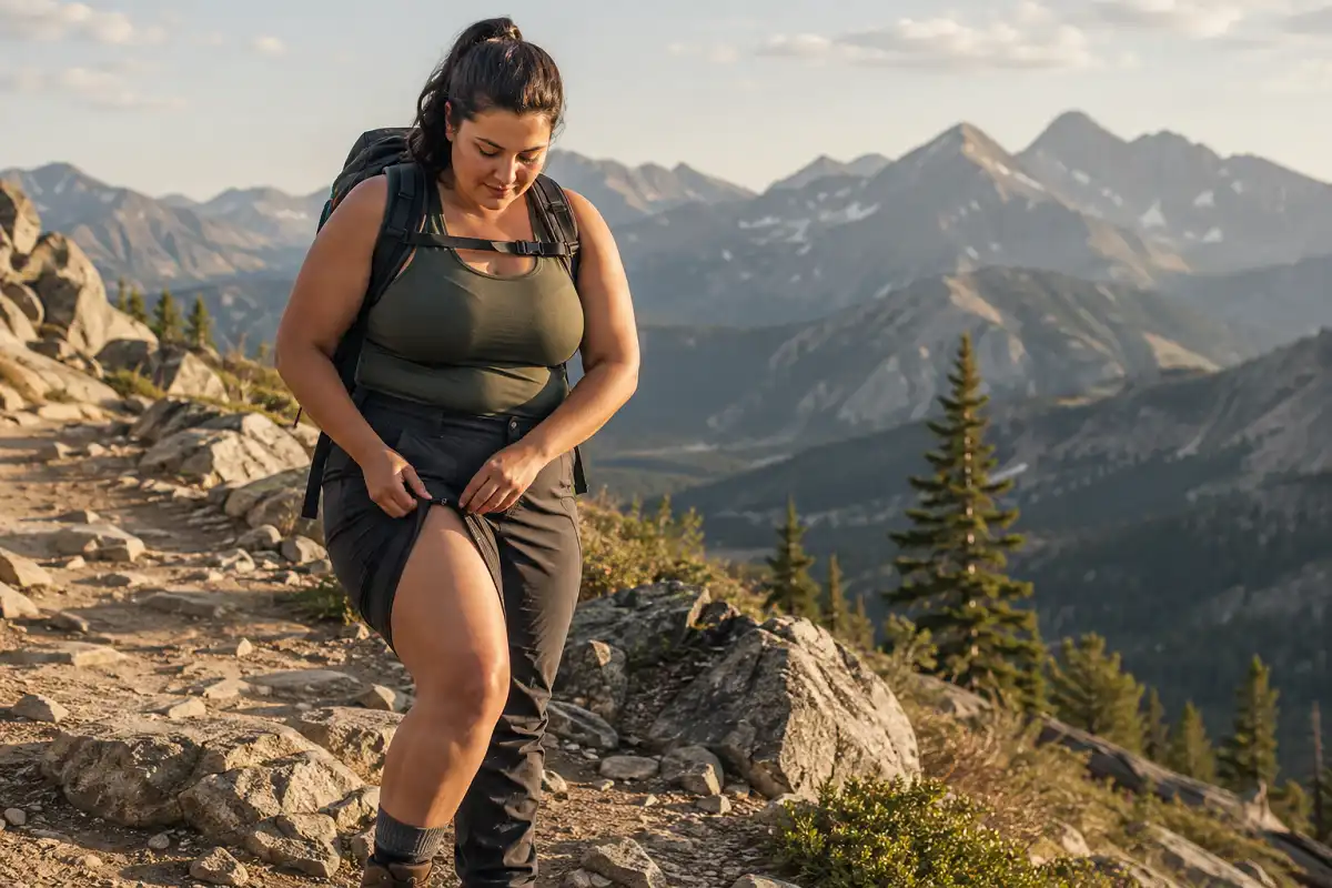 Woman unzipping convertible hiking pants into shorts on a mountain trail