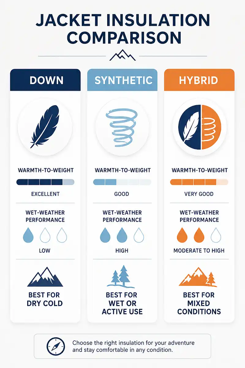 Infographic comparing down, synthetic, and hybrid insulation in cold weather hiking jackets