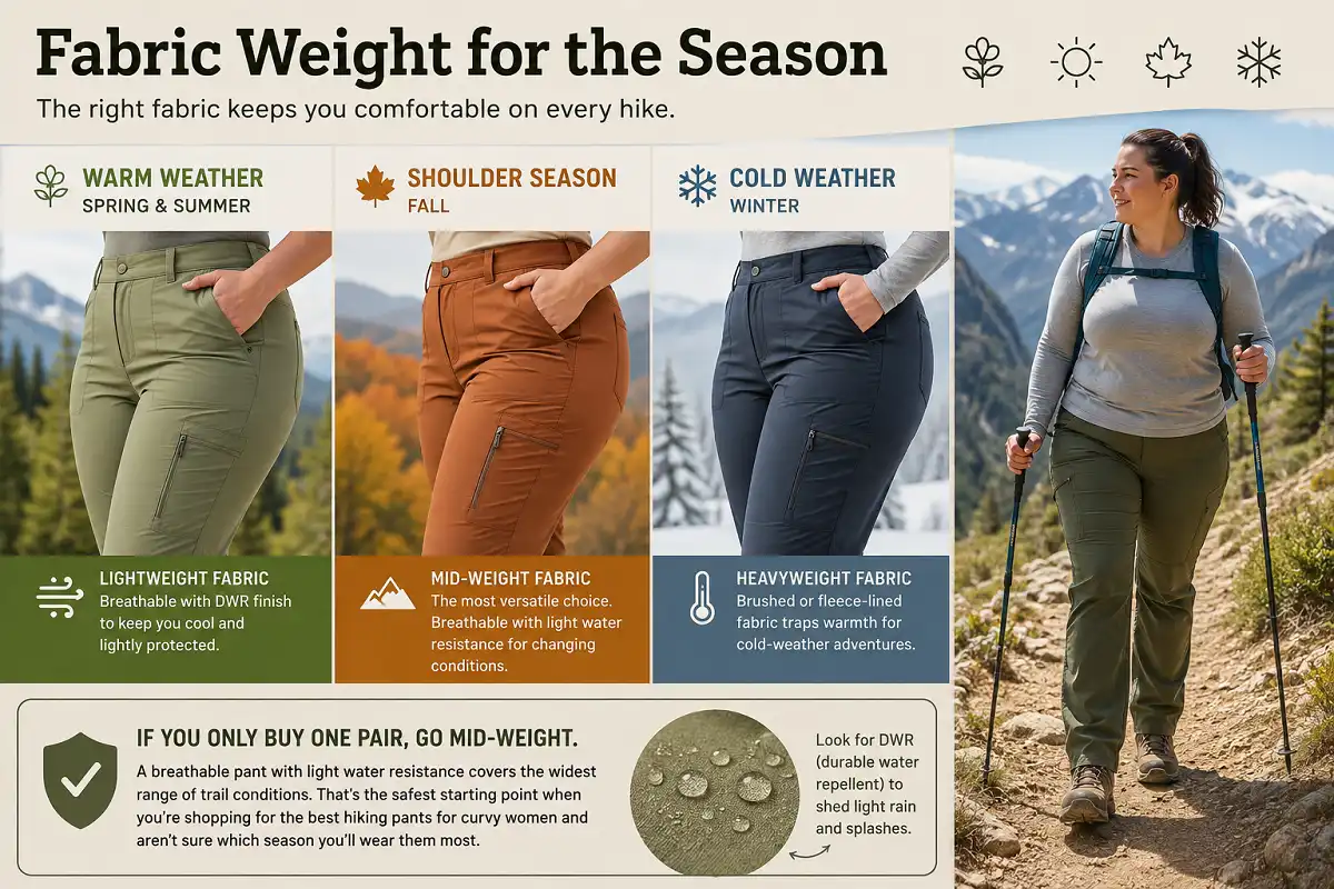 Infographic comparing lightweight, mid-weight, and heavyweight hiking pants for different seasons