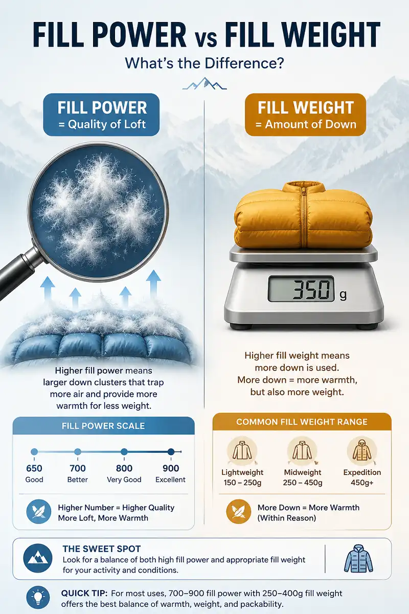 Infographic explaining the difference between fill power and fill weight in down hiking jackets