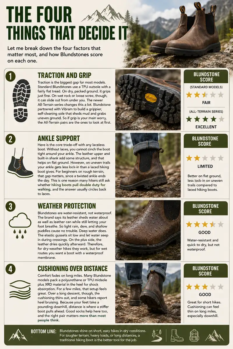 Four factors that decide if Blundstones are good for hiking: traction, ankle support, weather protection and cushioning