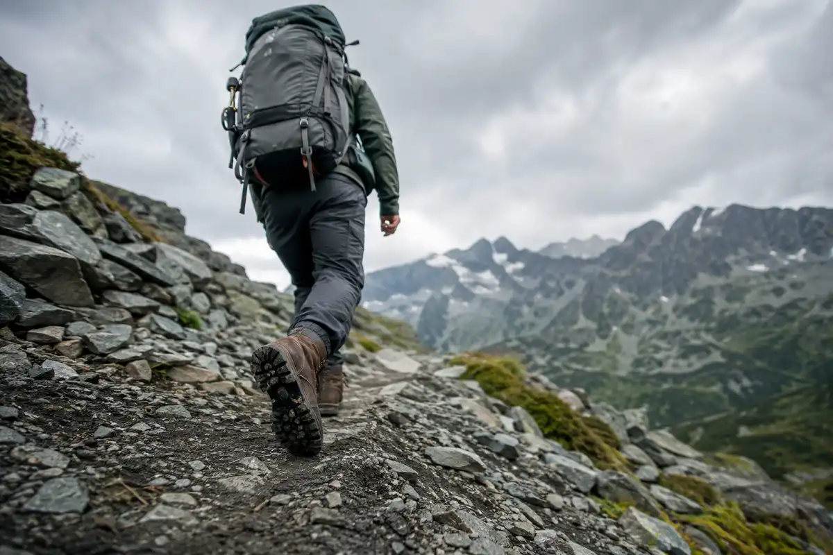 Hiker wearing tall hiking boots and a heavy backpack on a rugged mountain trail