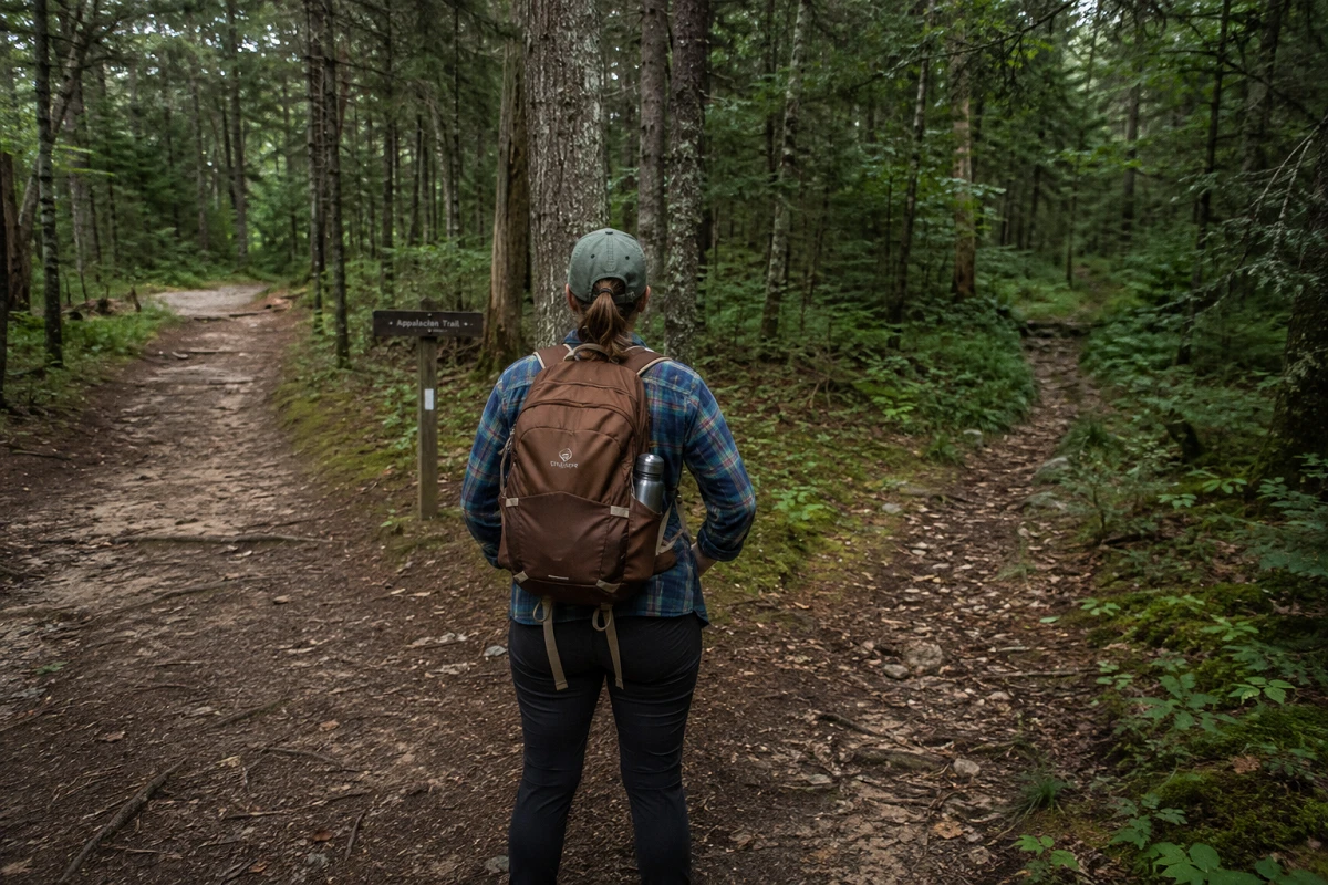 Hiker pausing at an unmarked trail fork as a warning sign of getting lost while hiking