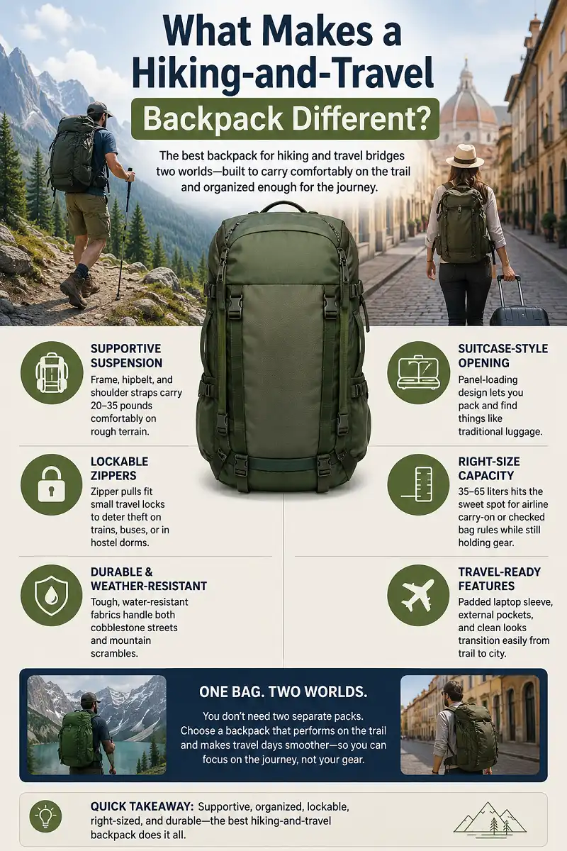 Infographic showing the key features of a hiking and travel backpack, including supportive suspension, suitcase style opening, lockable zippers, 35 to 65 liter capacity, durable weather resistant fabric, and travel ready design