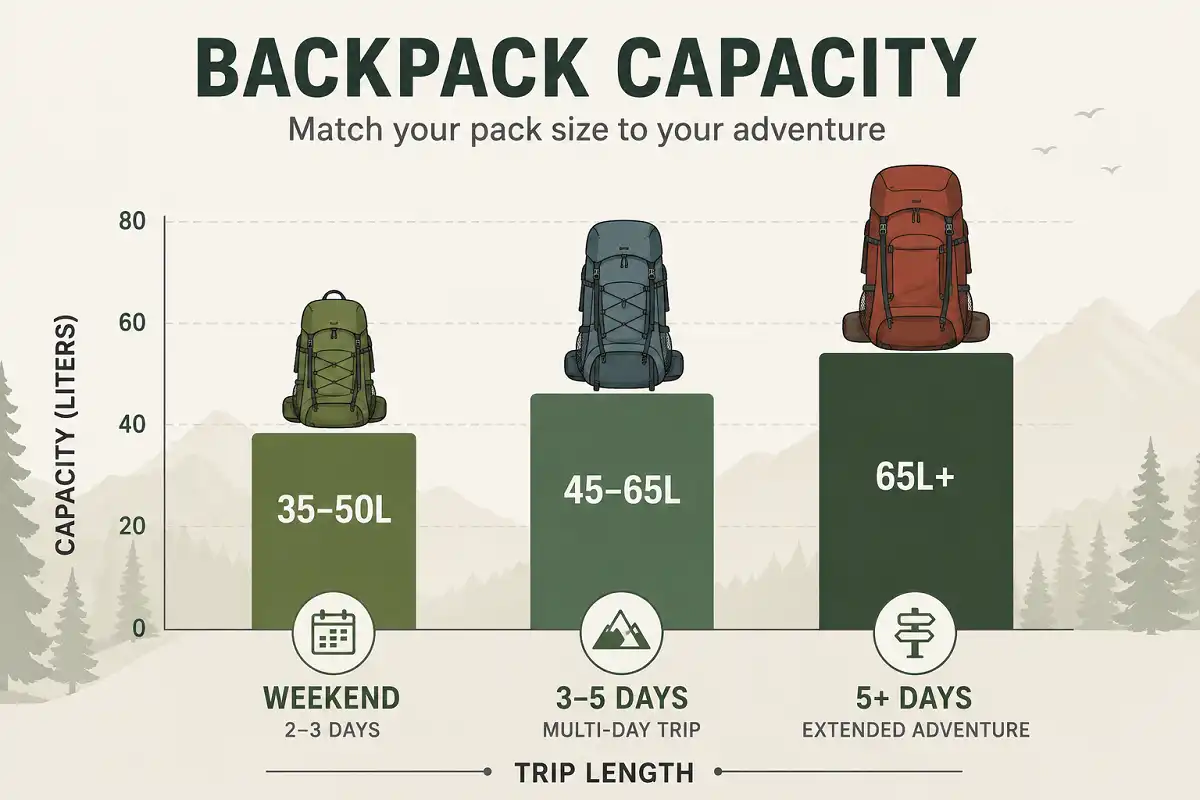 Infographic showing recommended hiking backpack capacity in liters by trip length