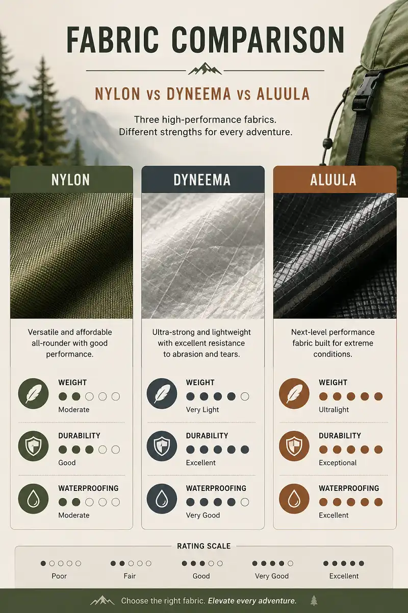Comparison infographic of nylon Dyneema and Aluula backpack materials for hikers