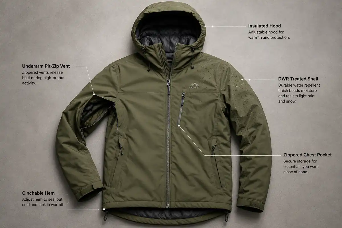 Key hiking jacket features including hood vents DWR and shell construction