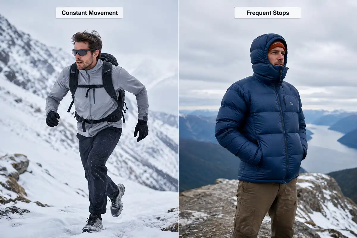 Two hikers comparing lightweight and heavy jackets for constant movement versus frequent stops in cold weather