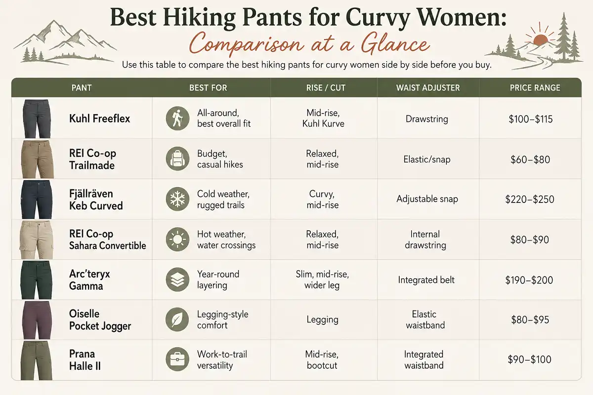 Infographic comparing different hiking pant cuts for curvy women