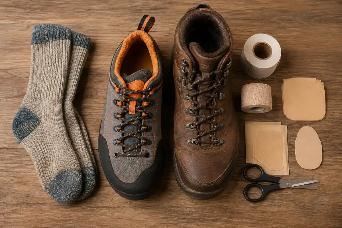 Hiking socks and foot care essentials laid out next to approach shoes and hiking boots