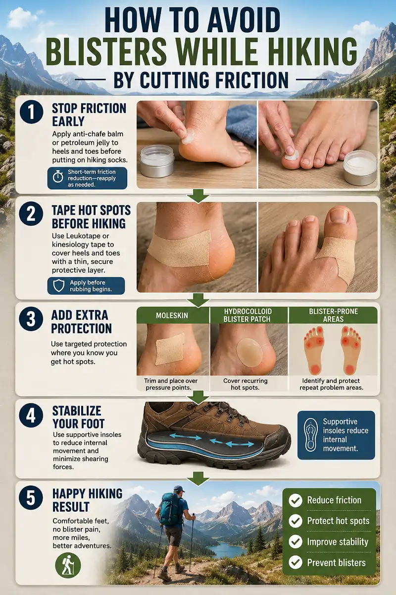 Infographic showing practical ways to prevent hiking blisters by reducing friction, including anti-chafe balm, preventive taping, moleskin, hydrocolloid blister patches, supportive insoles, and stable foot placement inside hiking boots.