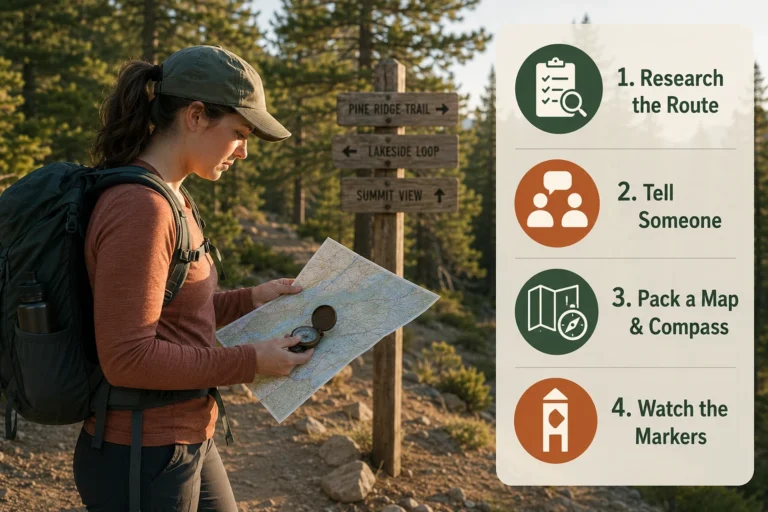Infographic showing how to avoid getting lost while hiking, with a hiker checking a map and compass at a trail junction