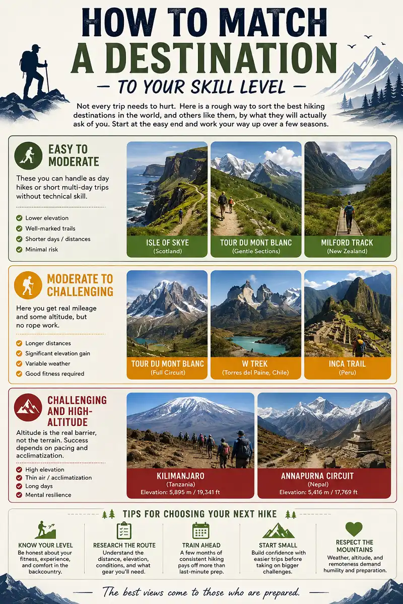 Infographic matching hiking destinations to easy moderate and challenging skill levels