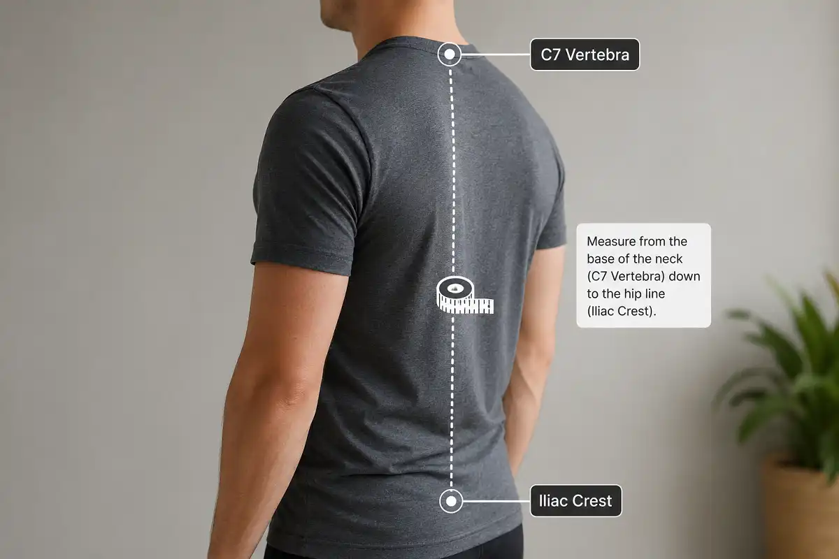 Diagram showing how to measure torso length from the C7 vertebra to the hip for a proper backpack fit