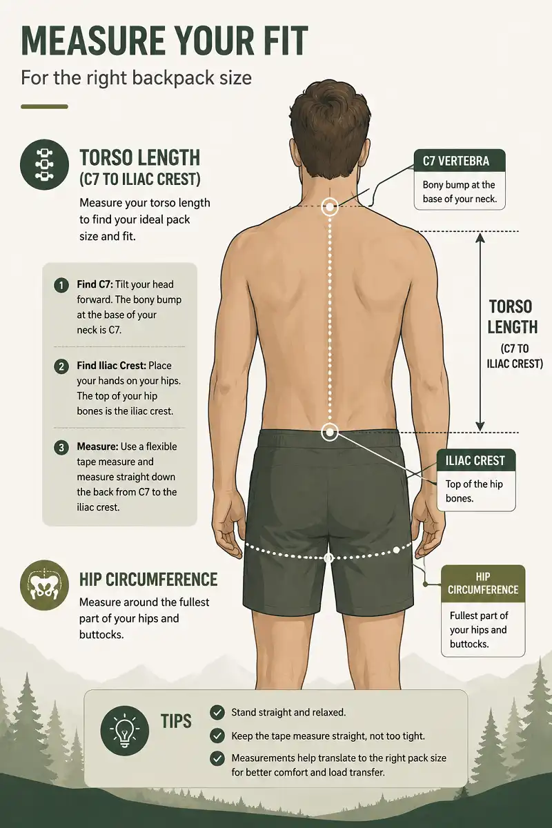 Infographic showing how to measure torso length and hip size for a hiking backpack