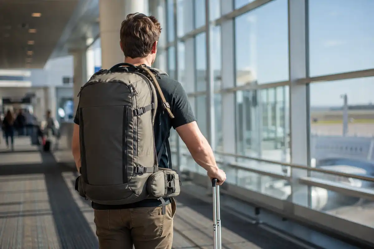 Traveler wearing a 45-liter hybrid hiking and travel backpack as an airline carry-on in an airport terminal