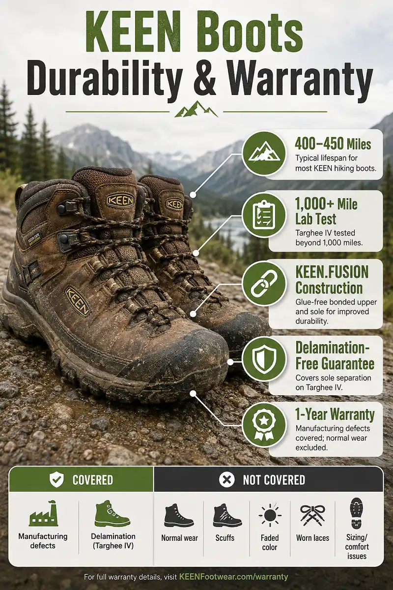Infographic showing KEEN hiking boot durability and warranty features, including expected lifespan, KEEN.FUSION construction, Targhee IV delamination guarantee, and one-year warranty