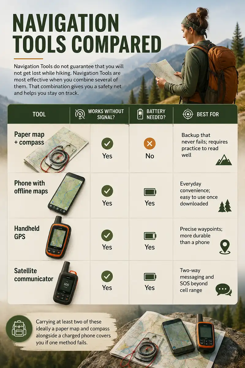 Infographic comparing paper maps and compasses, offline map phones, handheld GPS devices and satellite communicators for hiking navigation