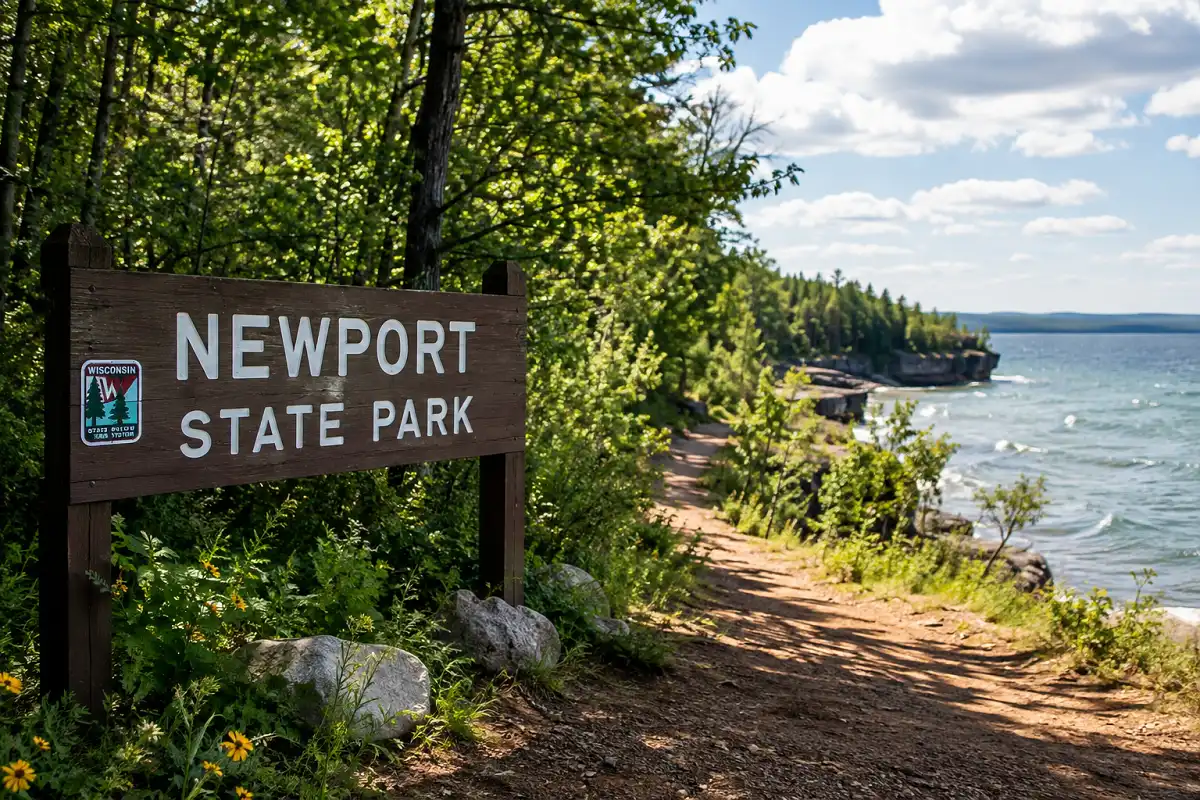 Scenic hiking trail through Newport State Park forest along the Lake Michigan shoreline