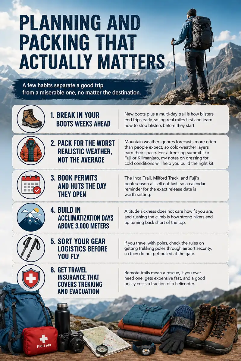 Planning and packing hiking infographic covering six essential trekking tips