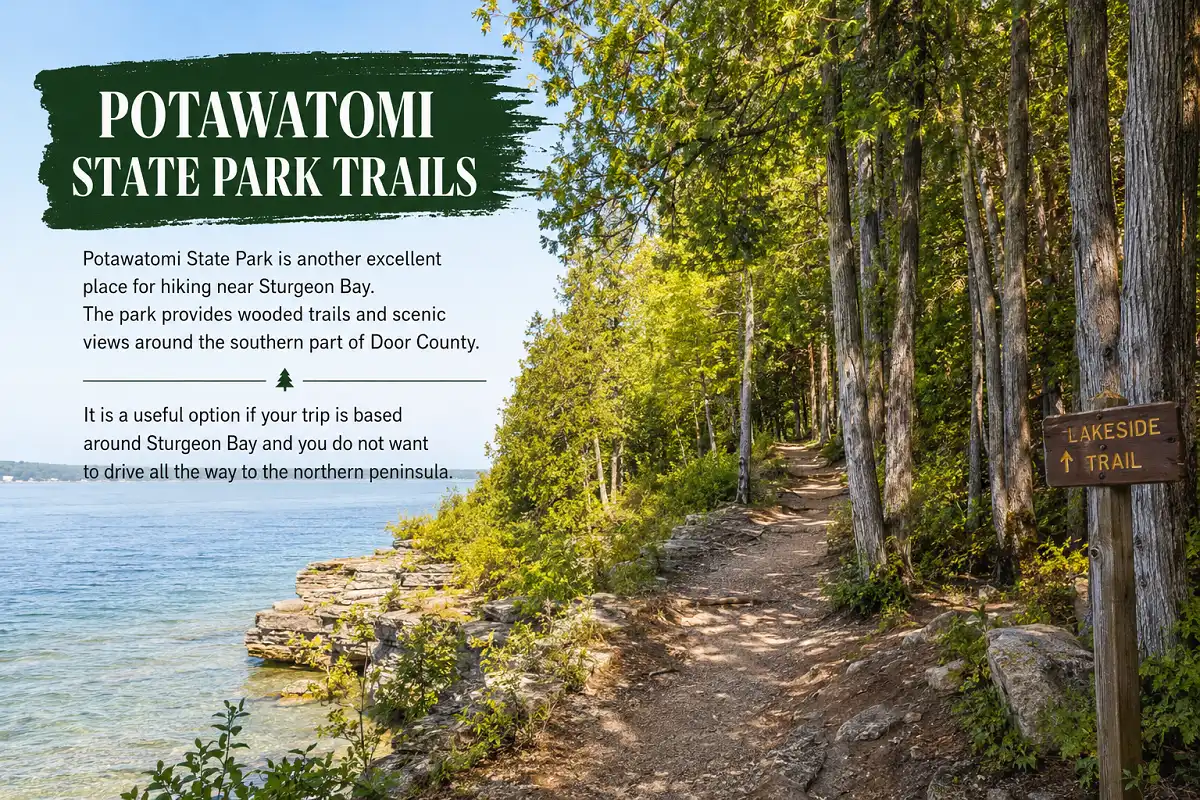 Potawatomi State Park wooded lakeside hiking trail near Sturgeon Bay