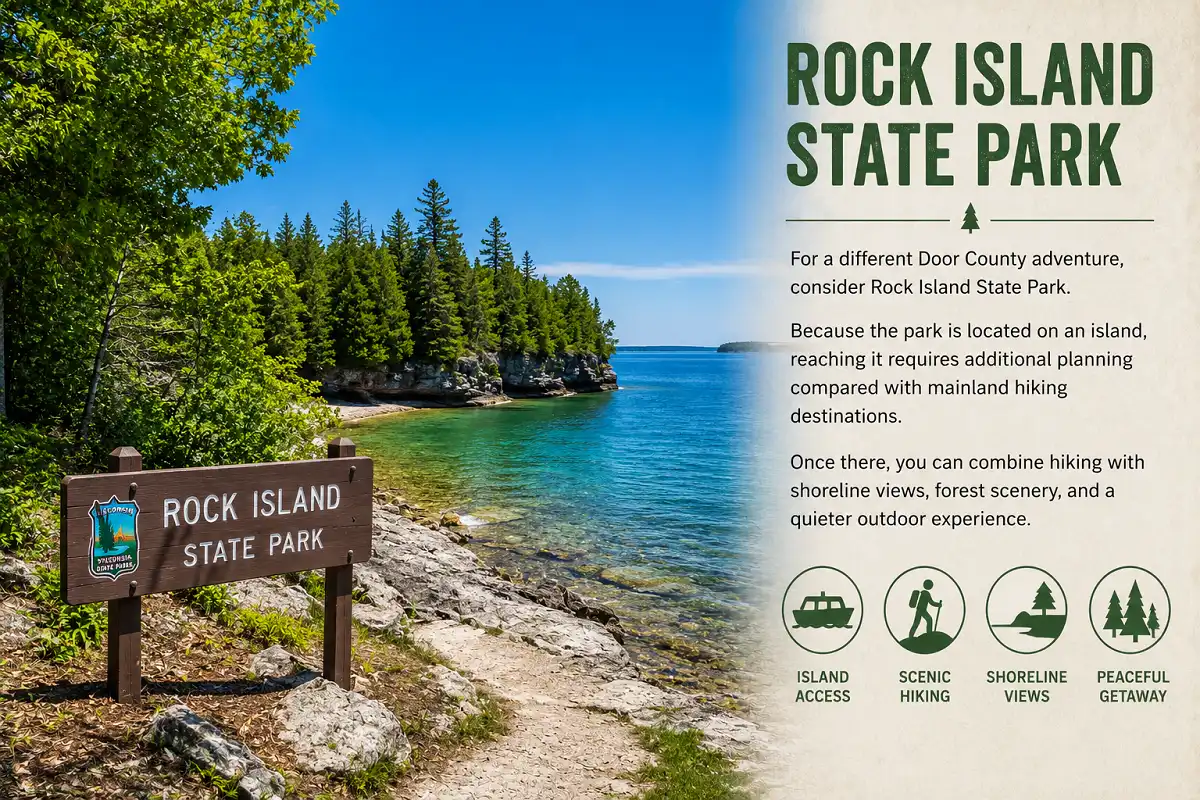 Rock Island State Park with forested shoreline, blue water and hiking trail