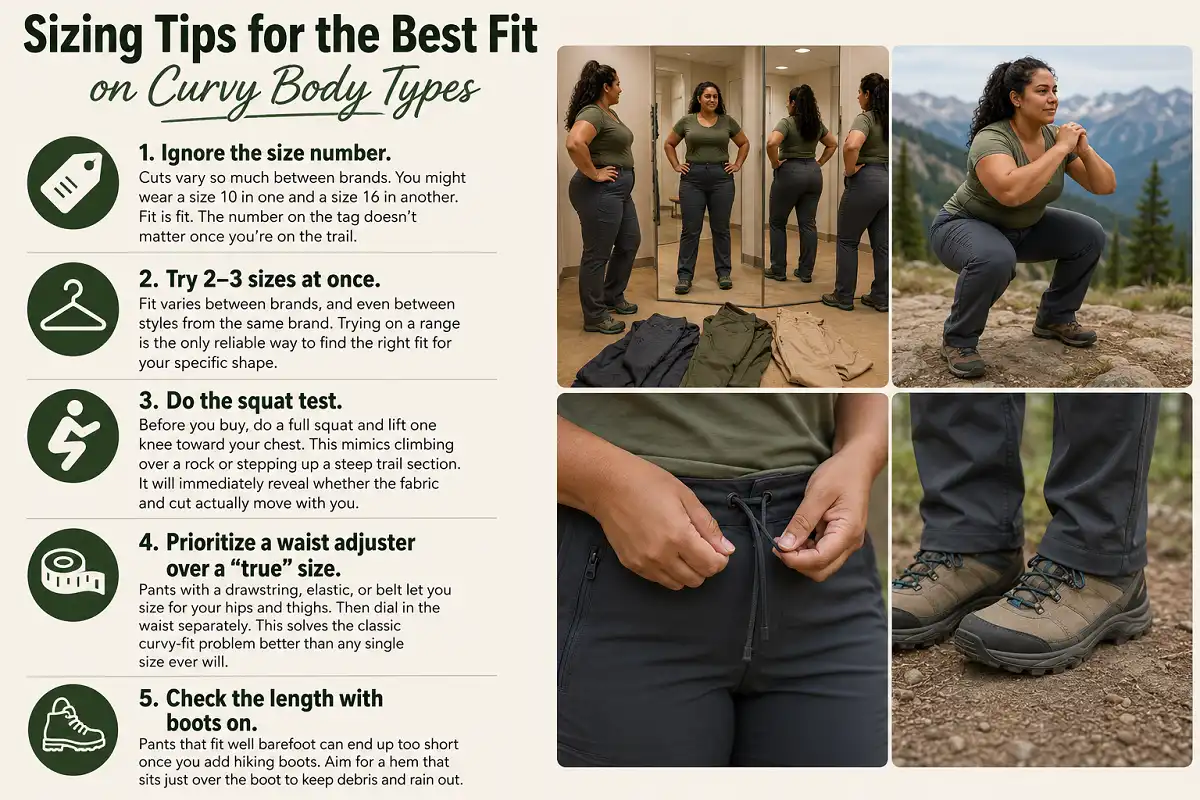 Infographic showing five hiking pants sizing tips for curvy body types
