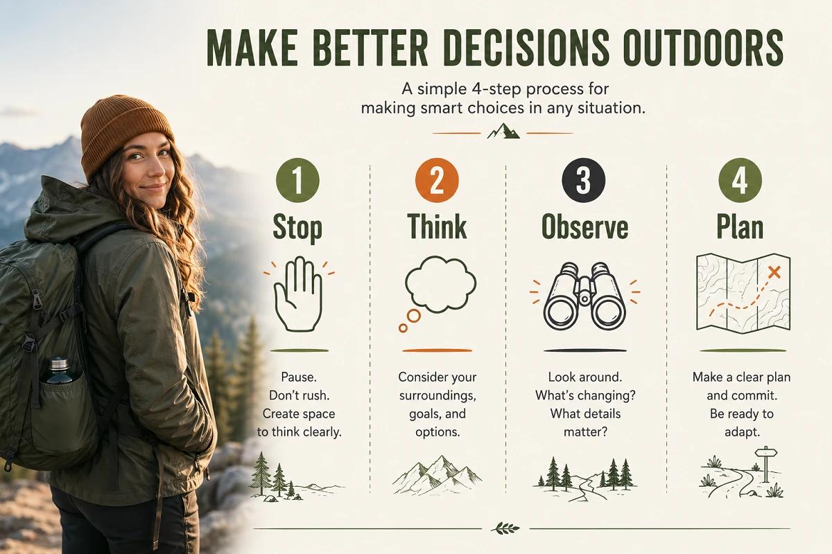 STOP method infographic showing Stop, Think, Observe and Plan steps for hikers who become lost
